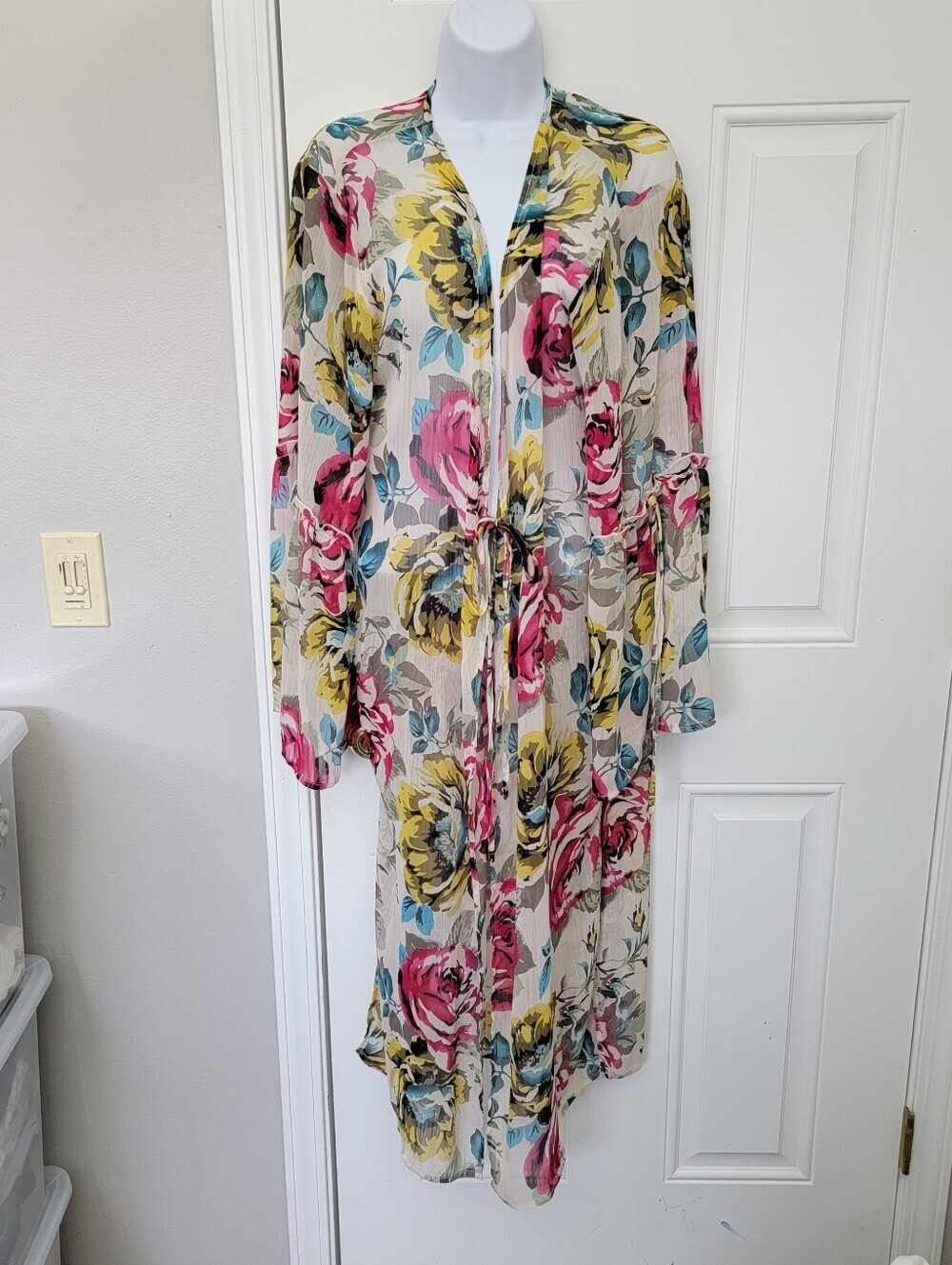 Sheer Floral Cream Rose Teal Front Tie Kimono Wrap Poet Split Sleeves By Jade OS